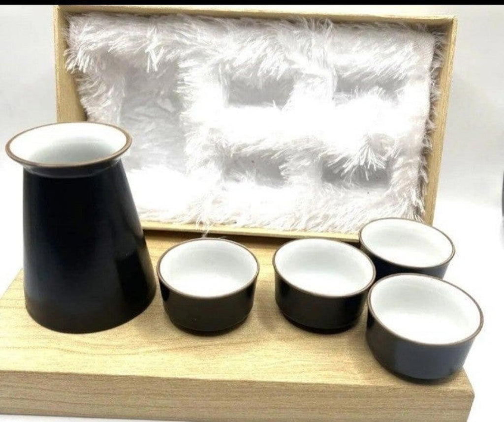 Elegant Black Japanese Honoka Ceramic 5 Piece Sake Set New