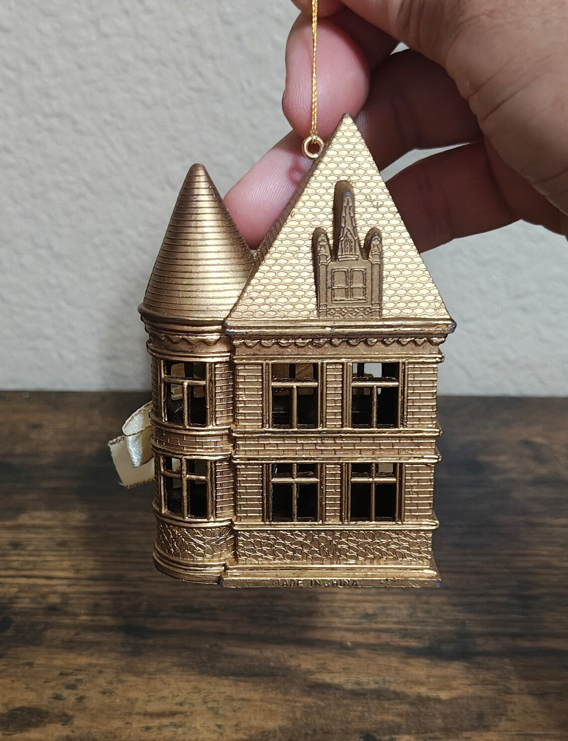 1980s Molded Gold Tone Plastic Victorian Style House Ornament