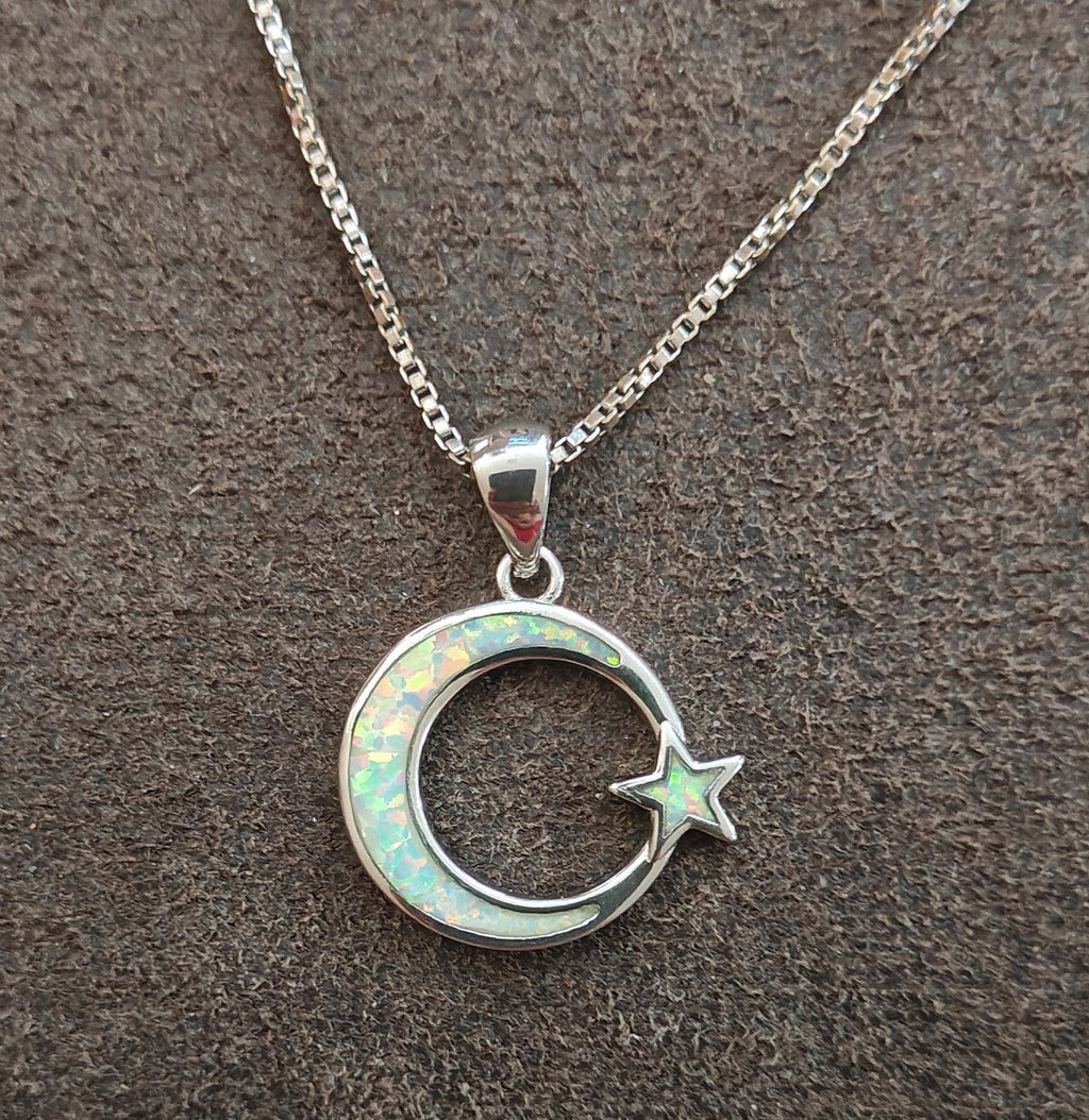 Dainty 925 Sterling Silver White Fire Opal Moon & Star Celestial Necklace