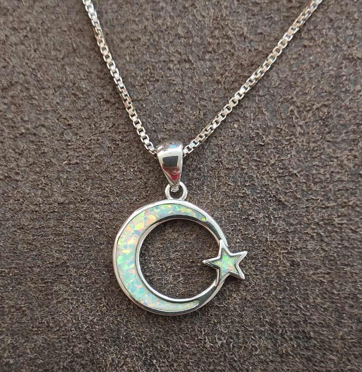 Dainty 925 Sterling Silver White Fire Opal Moon & Star Celestial Necklace