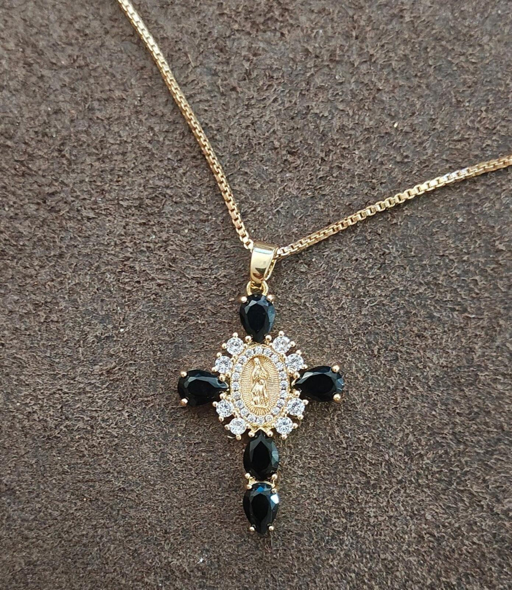 Gold Tone Virgin Mary Cross Pendant Necklace With CZ Stones & Black Stones