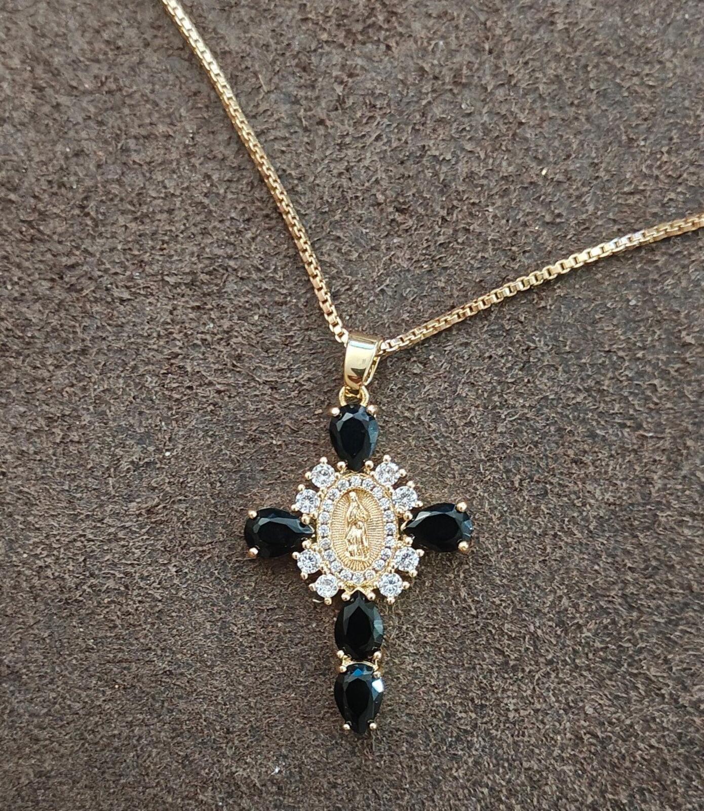 Gold Tone Virgin Mary Cross Pendant Necklace With CZ Stones & Black Stones