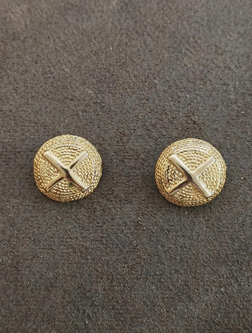 1980s Gold Tone Domed Textured Classic X Design Clip On Earrings