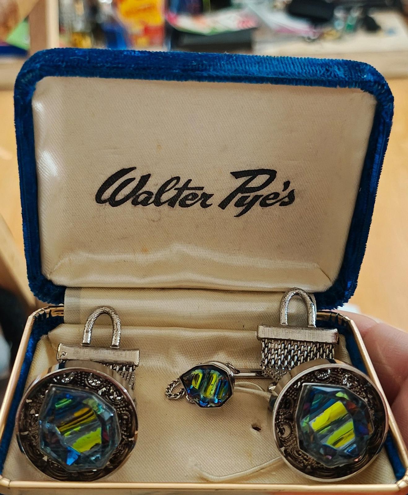 1950/60’s Walter Pye’s Iridescent Watermelon Rivoli Stone Cufflinks and Tie Tack