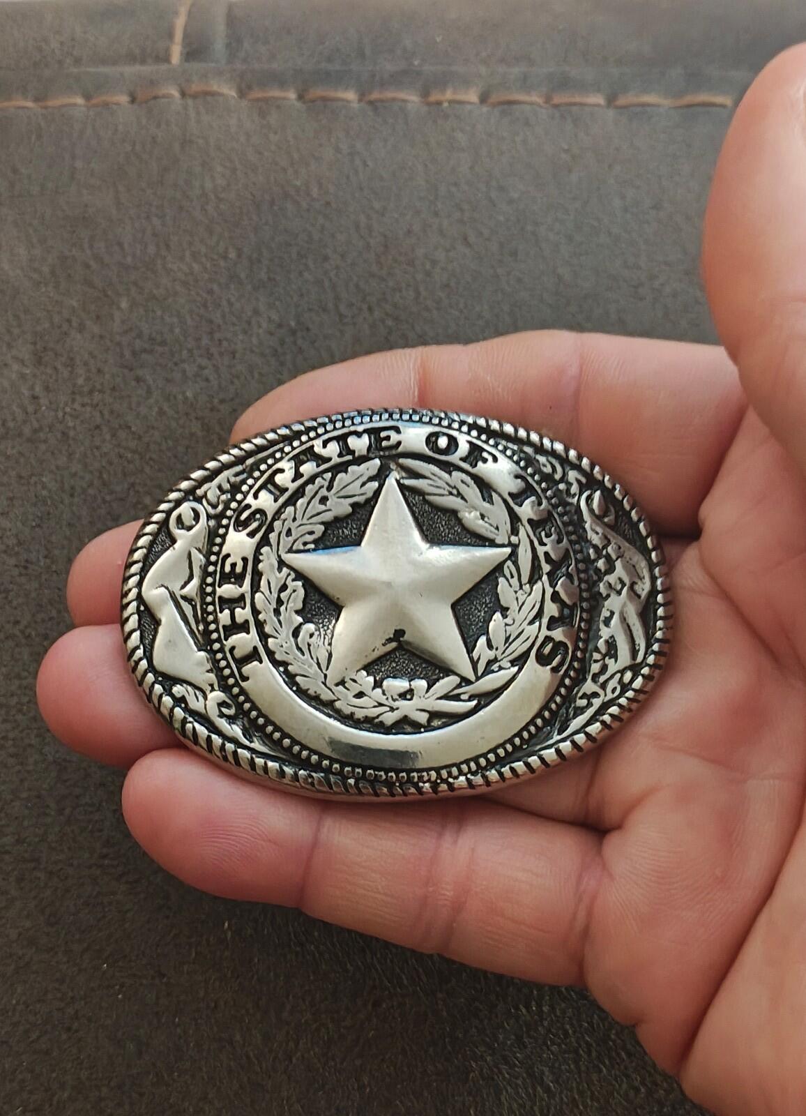 80s Silver Tone Western Style "The State of Texas" Lone Star Emblem Belt Buckle