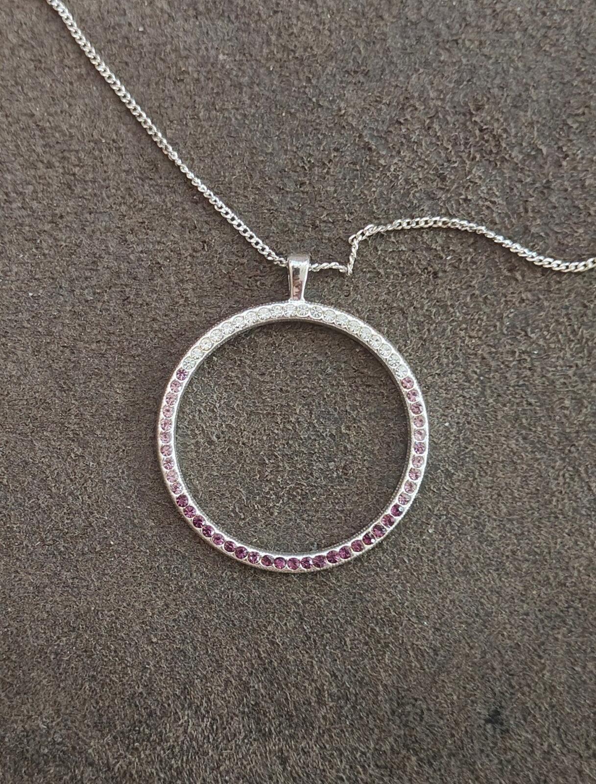 80s "Circle of Life" Design With Purple, Pink & Clear Crystals Pendant Necklace