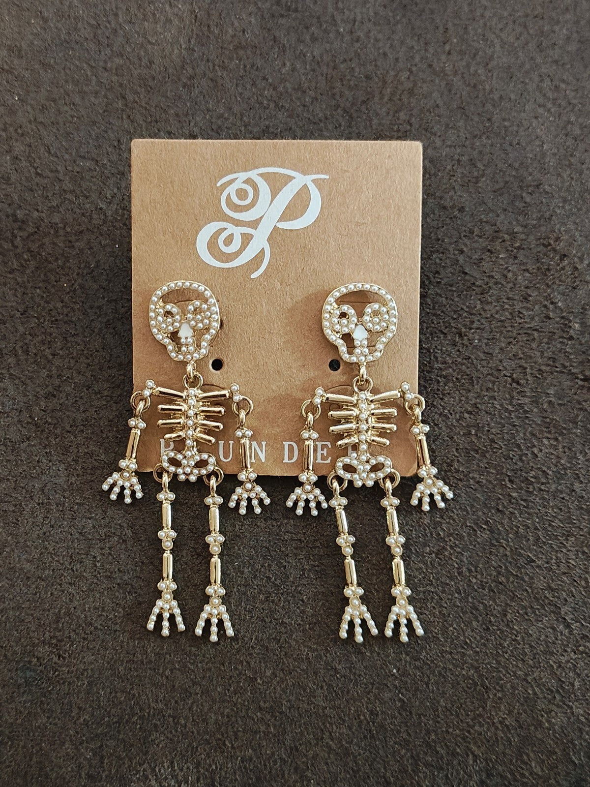 Plunder Design Halloween Pearl Skeleton Statement Gold Tone Earrings