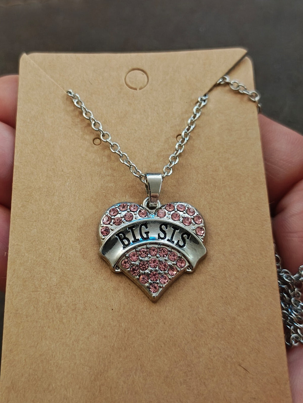 Silver Tone "Big Sis" Crystal Heart Pendant Necklace New On Card