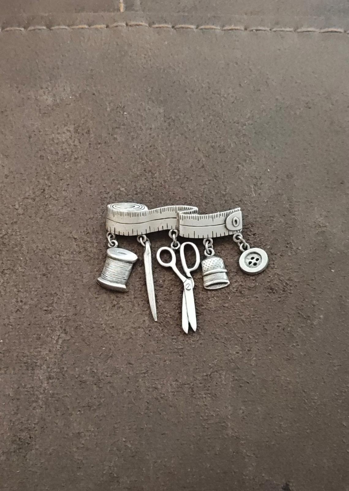 1980s JJ Jonette Sewing Theme Pewter Dangle Brooch