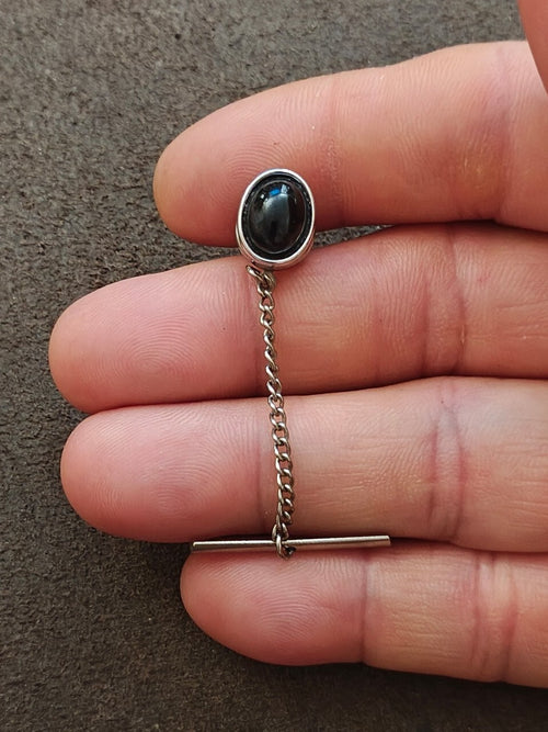 1950s/60s Swank Silver Tone Tie Tack/Lapel Pin With An Oval Dark Cabochon