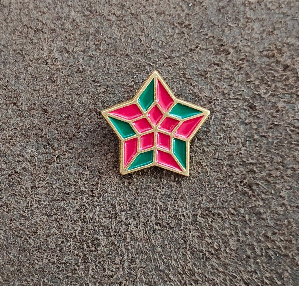70s Set Of 5 Hand Painted Enamel Christmas Poinsettia & Geometric Stars Buttons