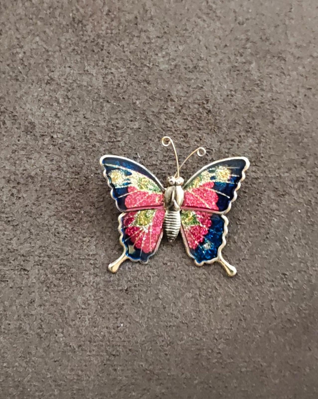 1970s Gold Tone Butterfly With Enamel & Glitter Accents Brooch