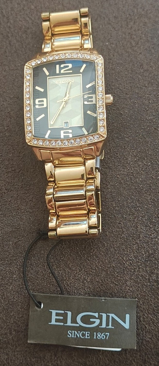 Elgin Men’s Gold-Tone Bracelet Watch with Crystal Bezel (Model FG160062)