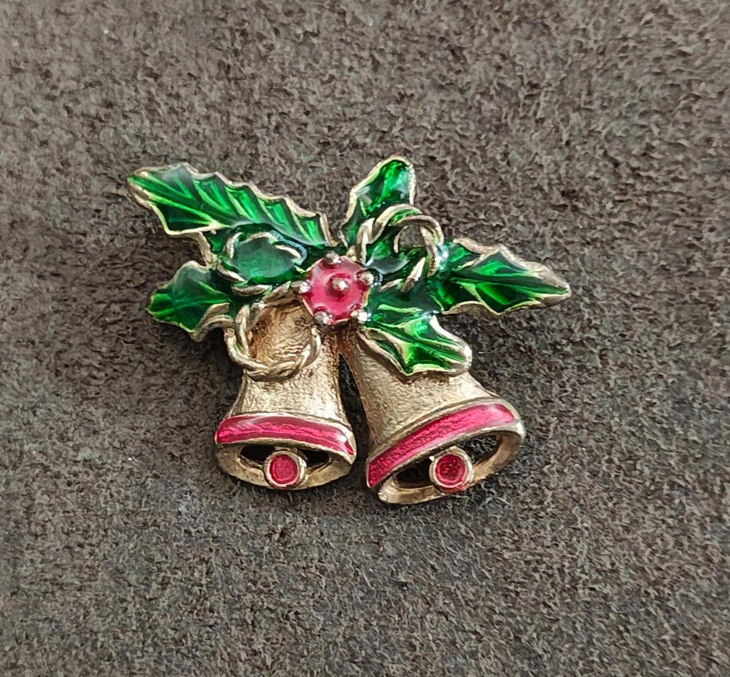 1970s Gold Tone Enamel Christmas Bells Brooch Pin