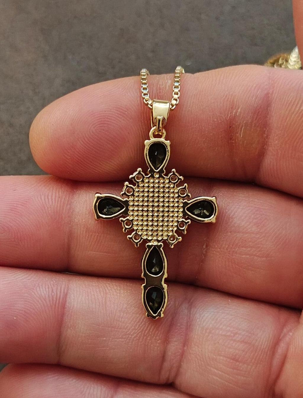 Gold Tone Virgin Mary Cross Pendant Necklace With CZ Stones & Black Stones