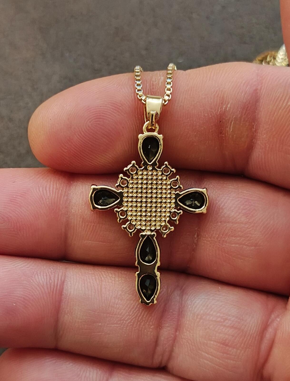 Gold Tone Virgin Mary Cross Pendant Necklace With CZ Stones & Black Stones