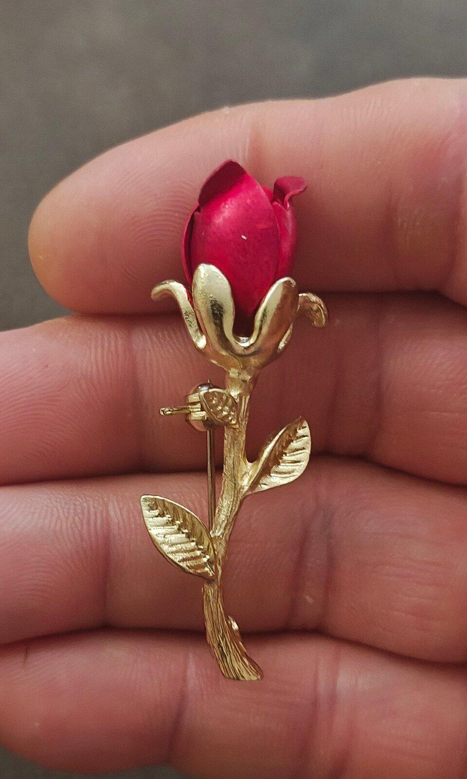 1980s Gold Tone Red Enamel Red Rose Bud With Single Stem Brooch