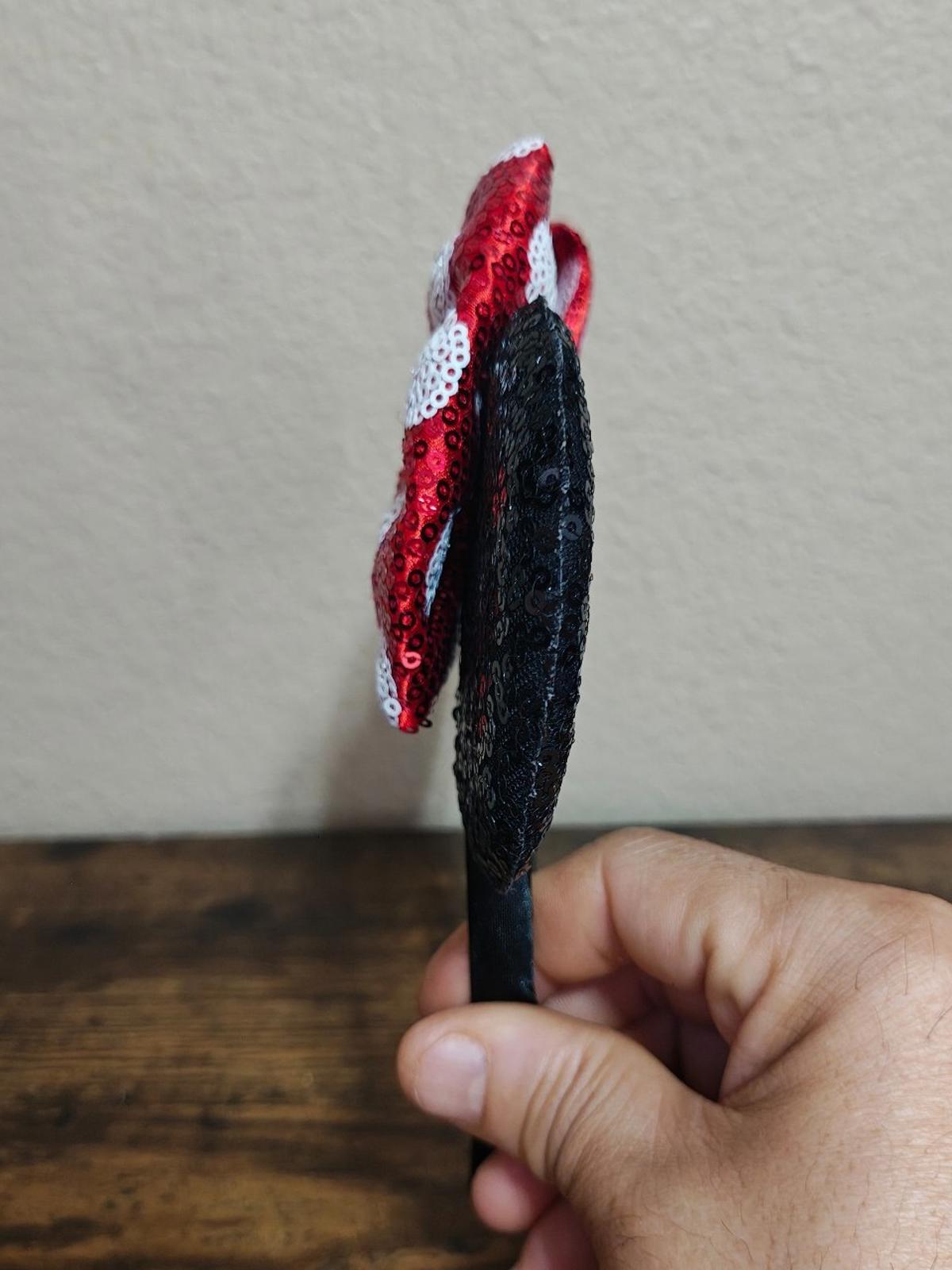 Cute Disney Parks Minnie Mouse Sequined Classic Black Red Bow Ears Headband.