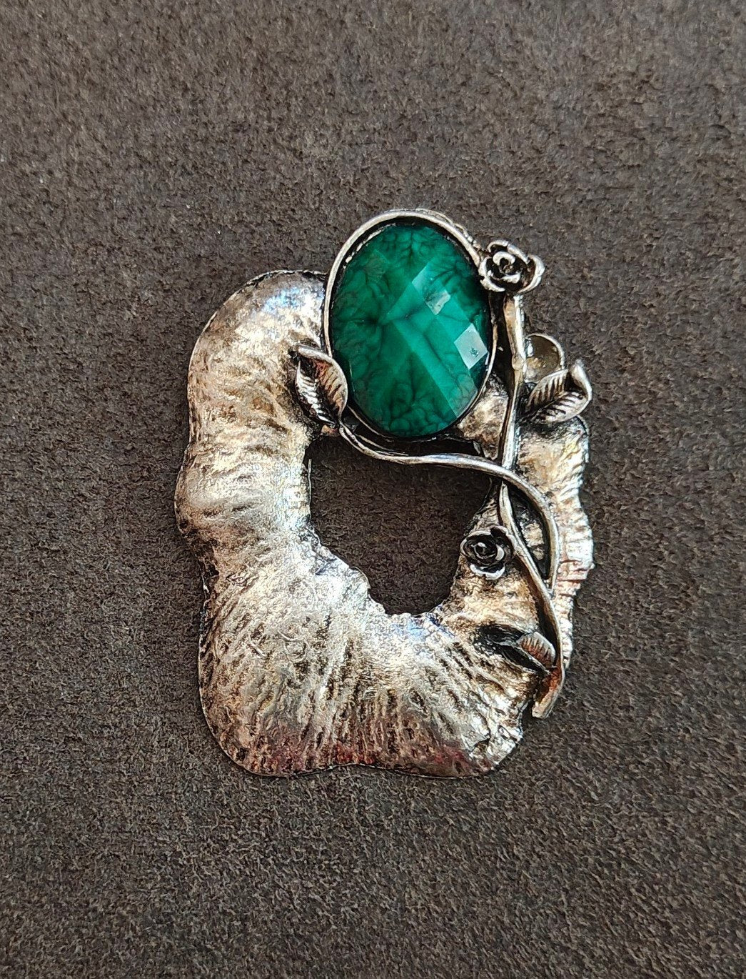 1960s Modernist/Brutalist Style Silver Tone Pendant With Green Stone