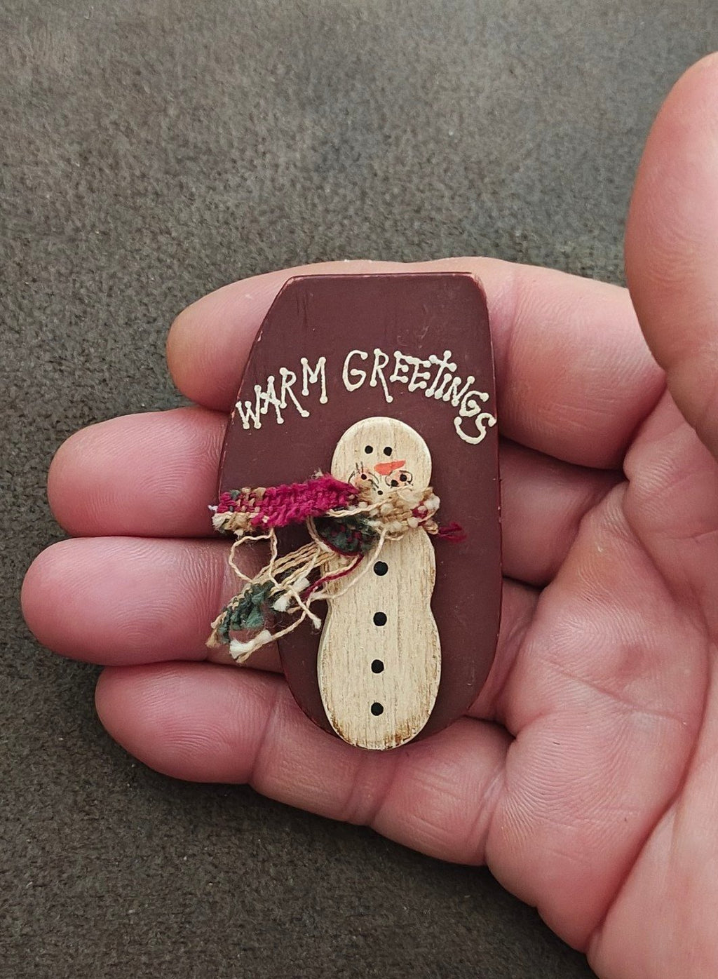 Hand Crafted Painted Rustic Wooden Christmas Snowman Brooch