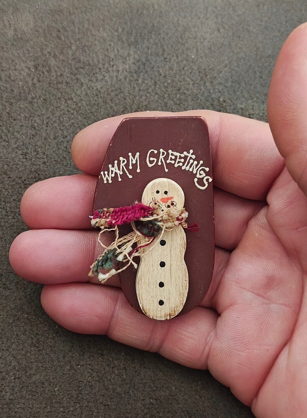 Hand Crafted Painted Rustic Wooden Christmas Snowman Brooch