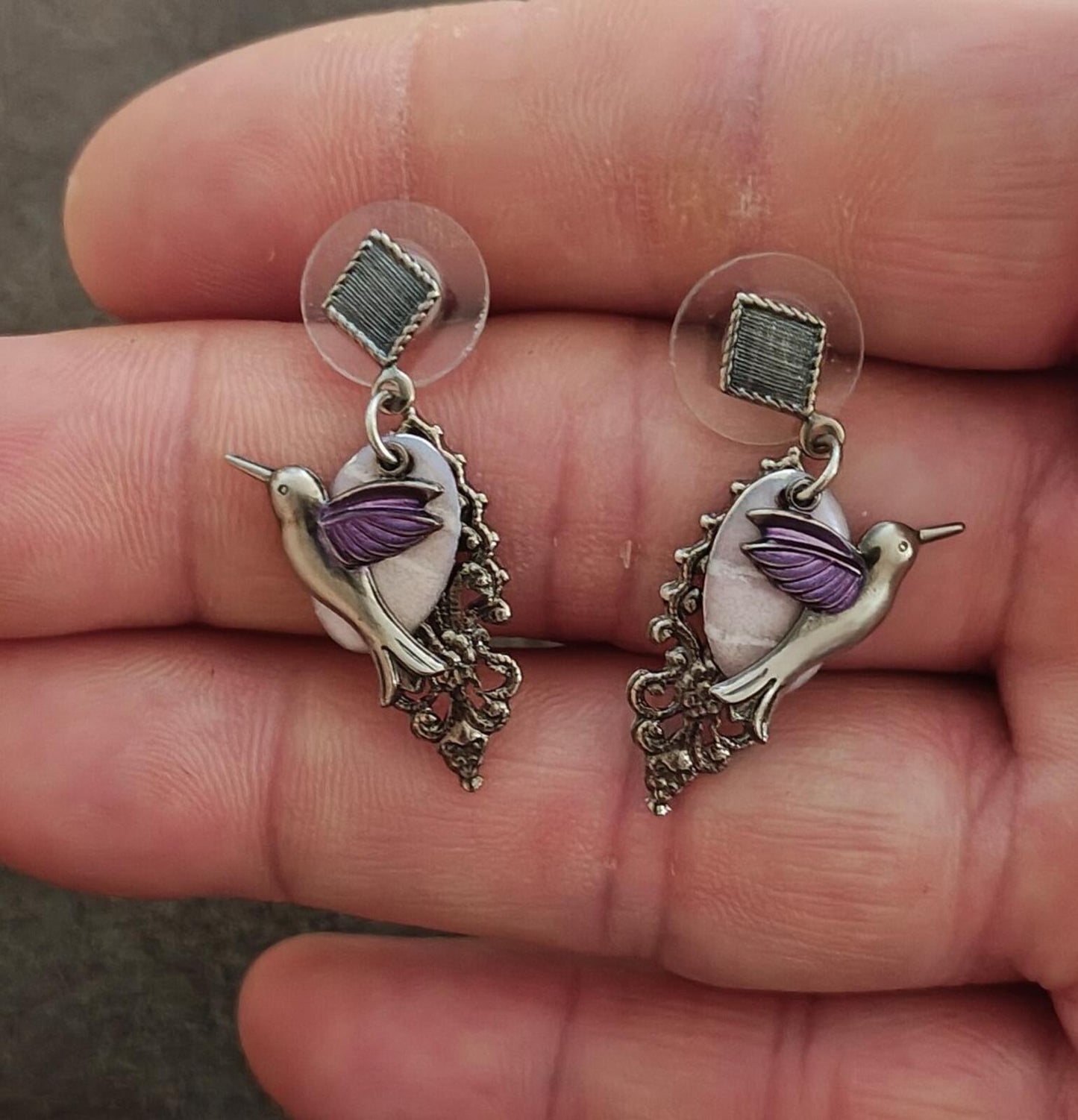 Silver Forest Silver Tone Hummingbird Purple Enamel Filigree Dangle Earrings