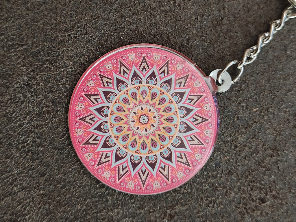 Silver Tone Pink Bohemian Mandala Art Keychain