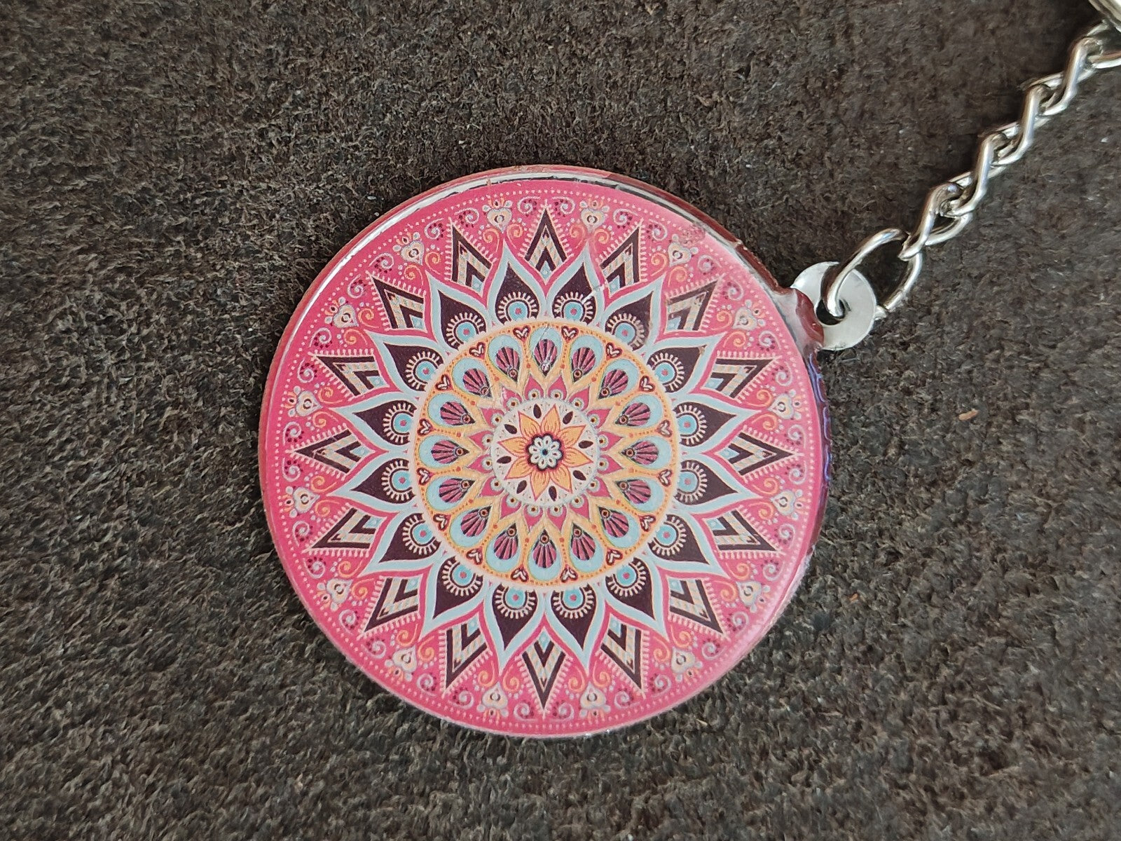 Silver Tone Pink Bohemian Mandala Art Keychain