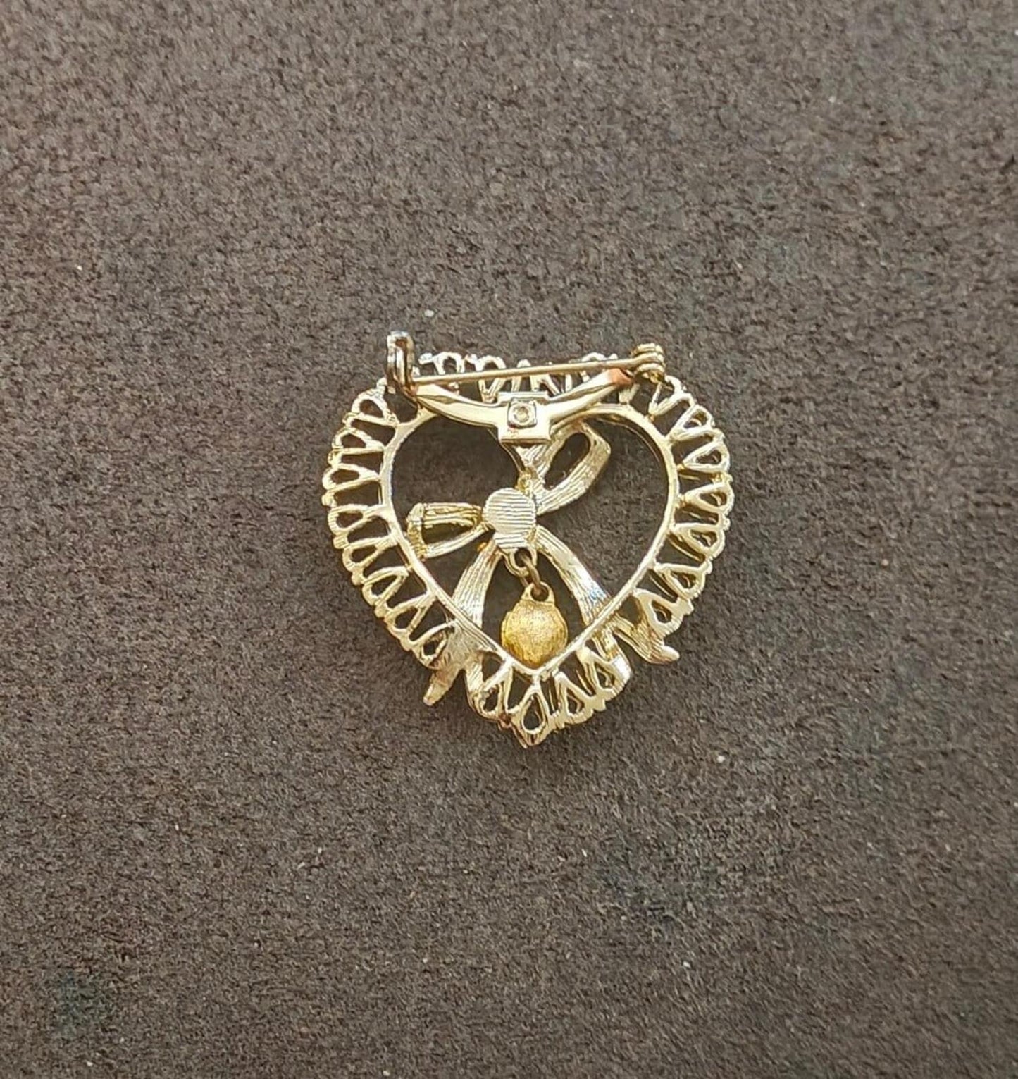 1980s  Gold Tone With Red Rhinestone Accents & a Dangling Center Heart Brooch