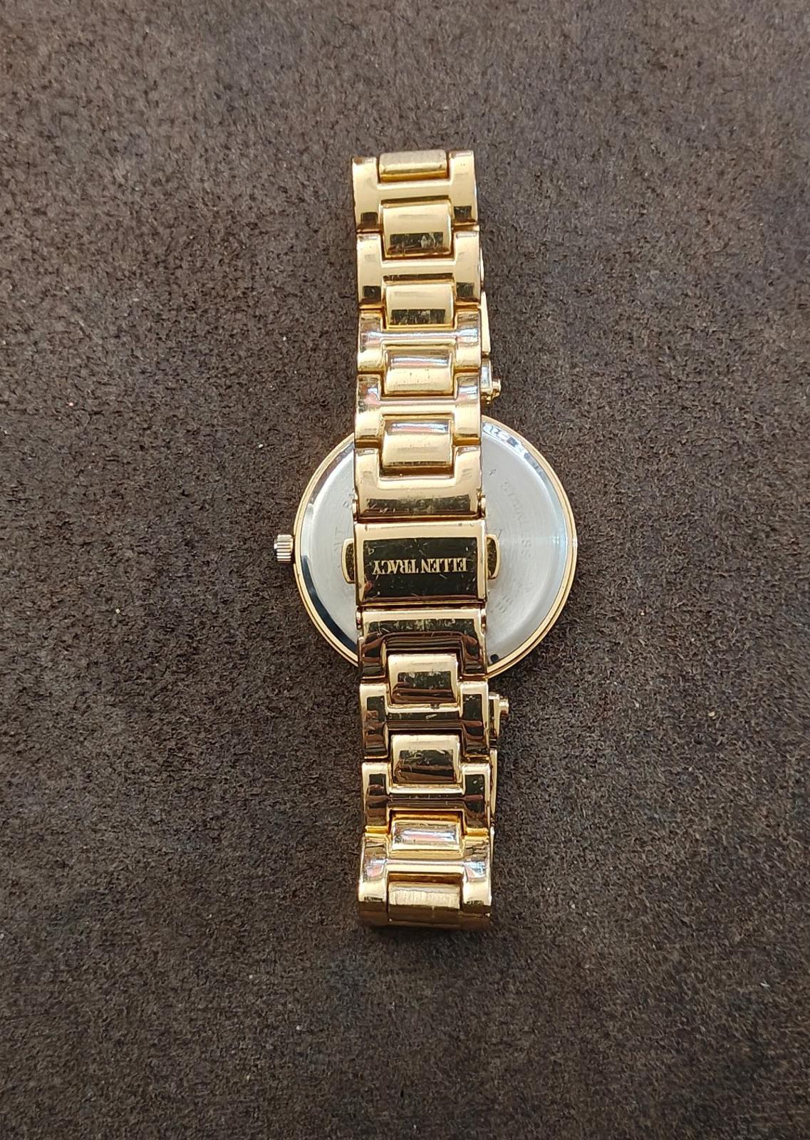Ellen Tracy Roman Numerals Gold Dial With Crystal Accents Ladies Watch