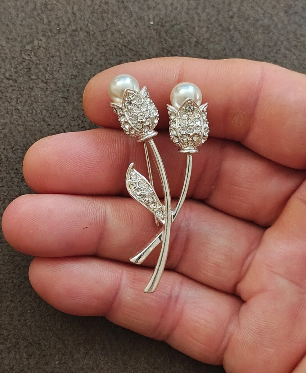1990s Silver Tone With Sparkling Rhinestones Tulips With Faux Pearls Brooch
