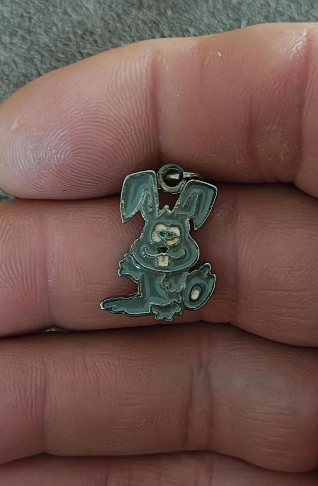 1980s Bunny Rabbit Silver Tone Green Enamel Pendant Charm