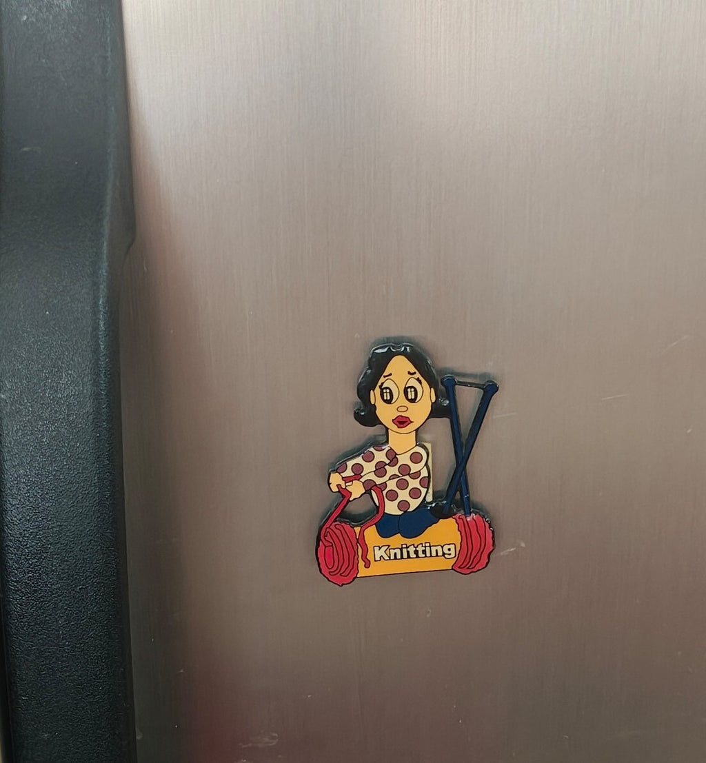 80s/90s Cartoon Woman Knitting Refrigerator Magnet