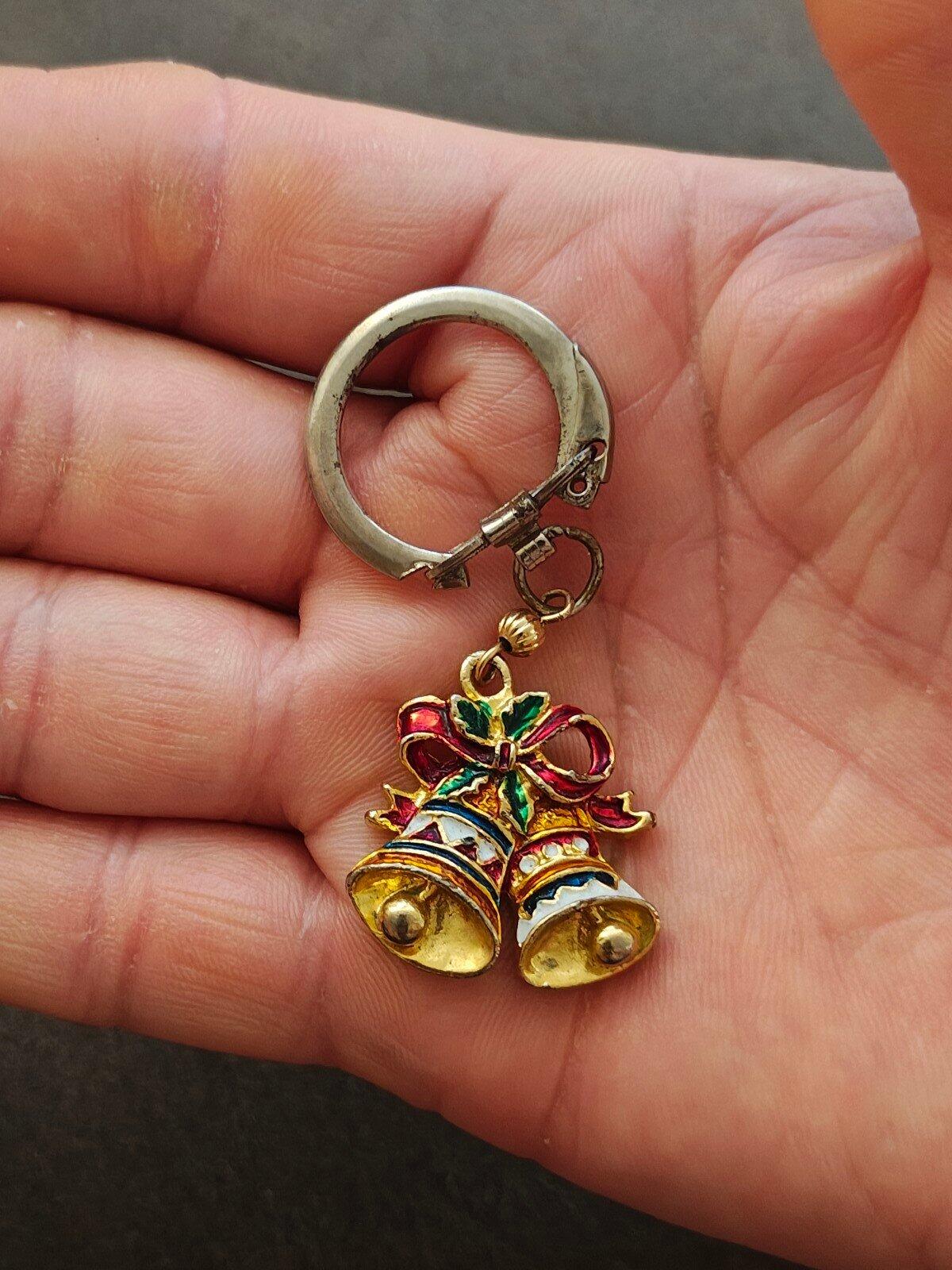 1980s Gold Tone With Red White & Green Enamel Christmas Bell Keychain