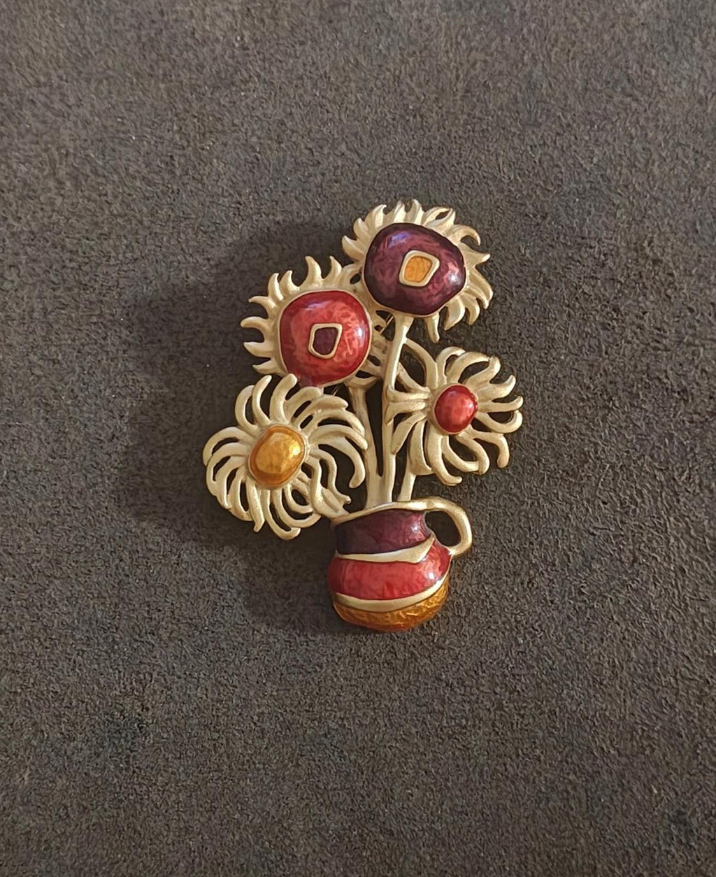 Sunflower bouquet brooch, gold-tone metal with purple and red enamel petals and yellow center
