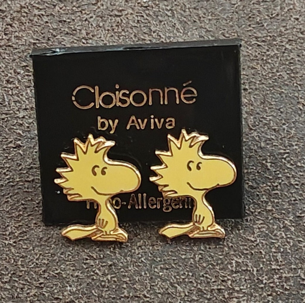 1970s Peanuts Woodstock Gold Tone Cloisonné Enamel Stud Earrings New