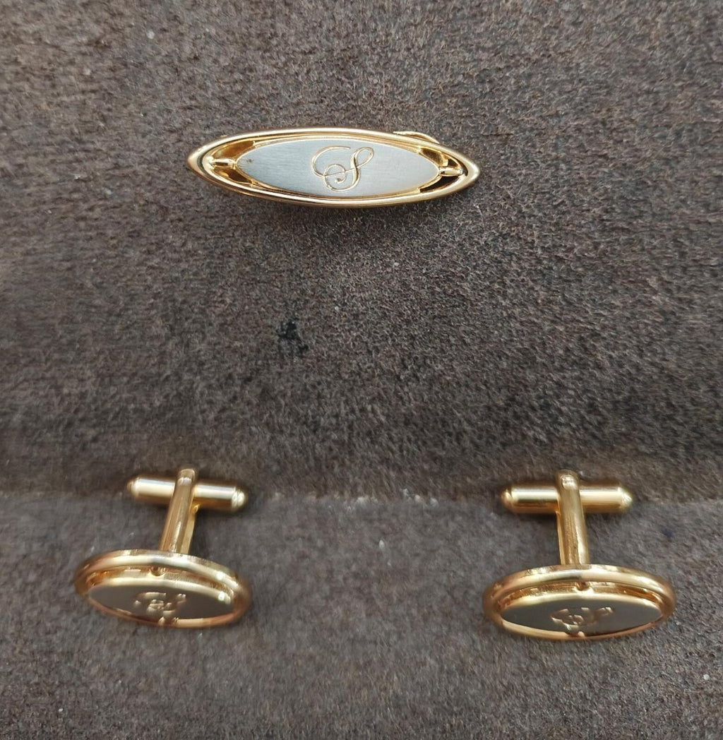 Two-tone tie bar and cufflinks: oval blue enamel center and gold-tone ends
