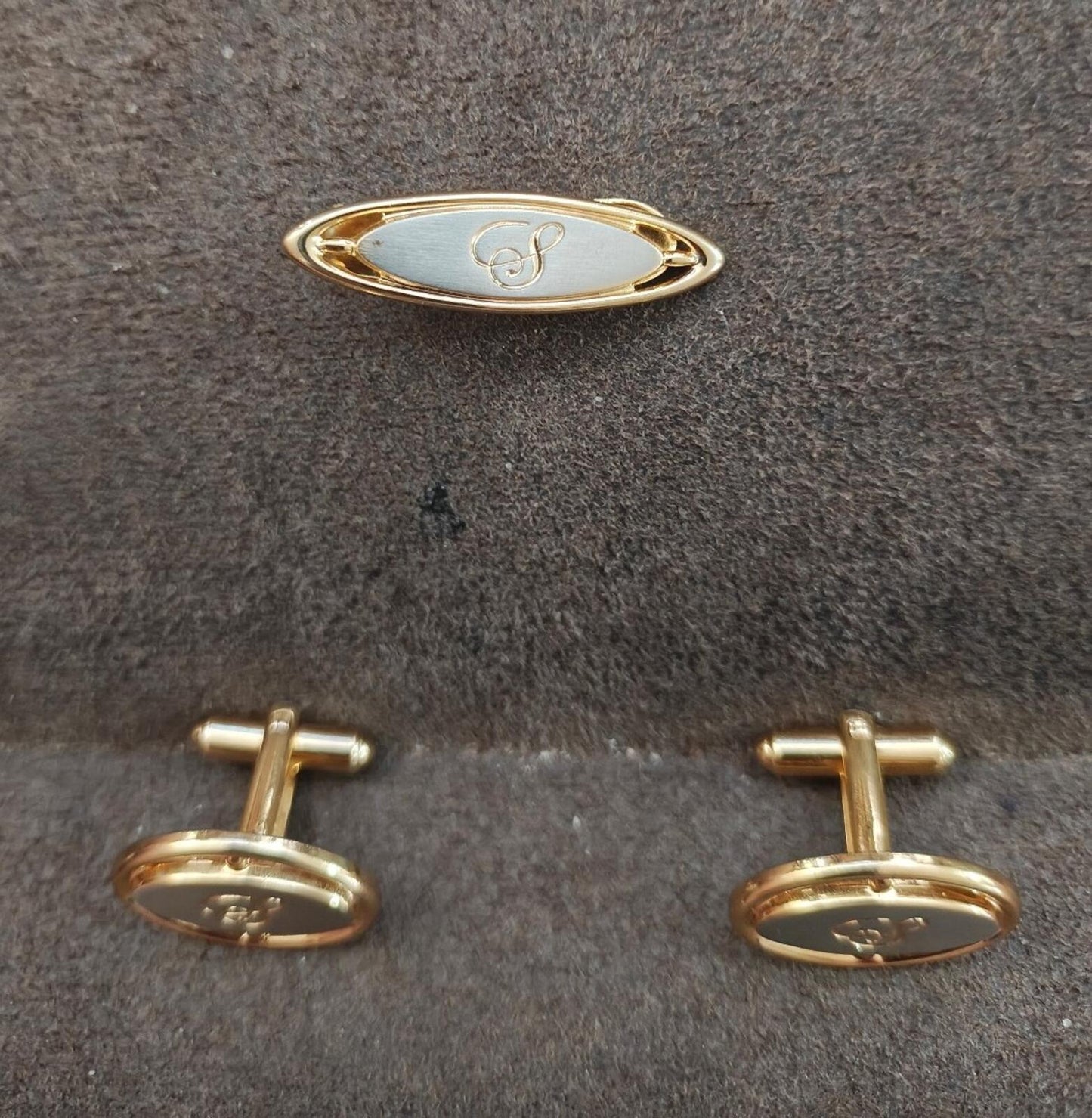 1950s/60s Hickok USA Two Tone Monogram Initial S Tie Bar/Tie Clip & Cufflink Set