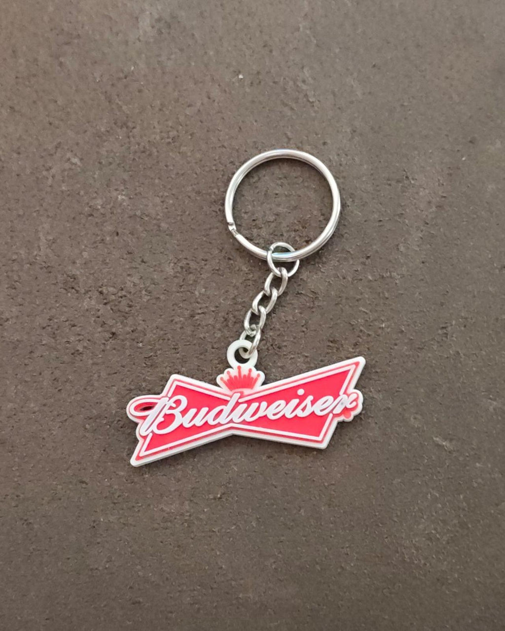 Budweiser bowtie logo keychain with silver ring and chain, small red logo charm