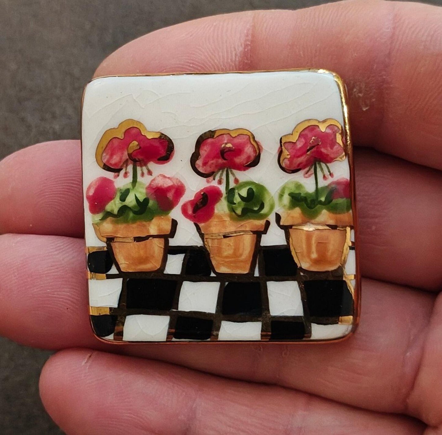 1990s Colorful Glazed Ceramic Flower Brooch