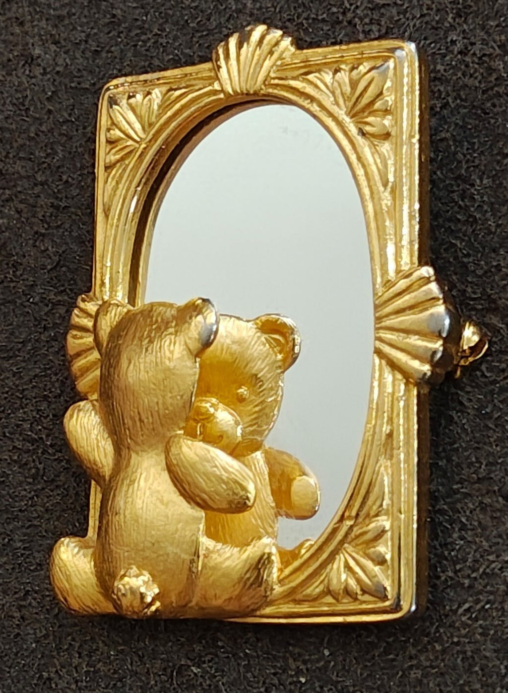 1980s Signed JJ Teddy Bear Looking In Mirror Gold-Tone Brooch Pin
