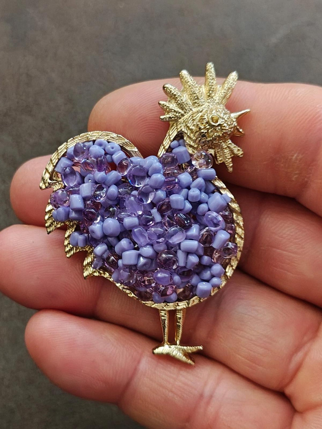 2000s Gold Tone With Purple Beads Rooster Brooch Pin