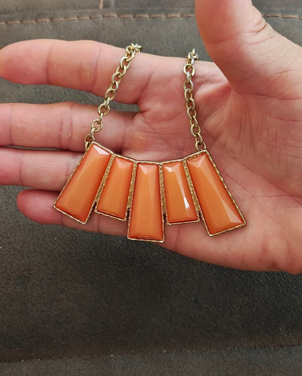 Orange Resin Geometric Bib Statement Necklace.