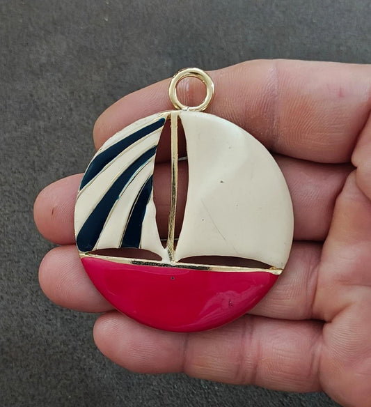 1960's Large Nautical Sailboat Gold Tone Enamel Pendant