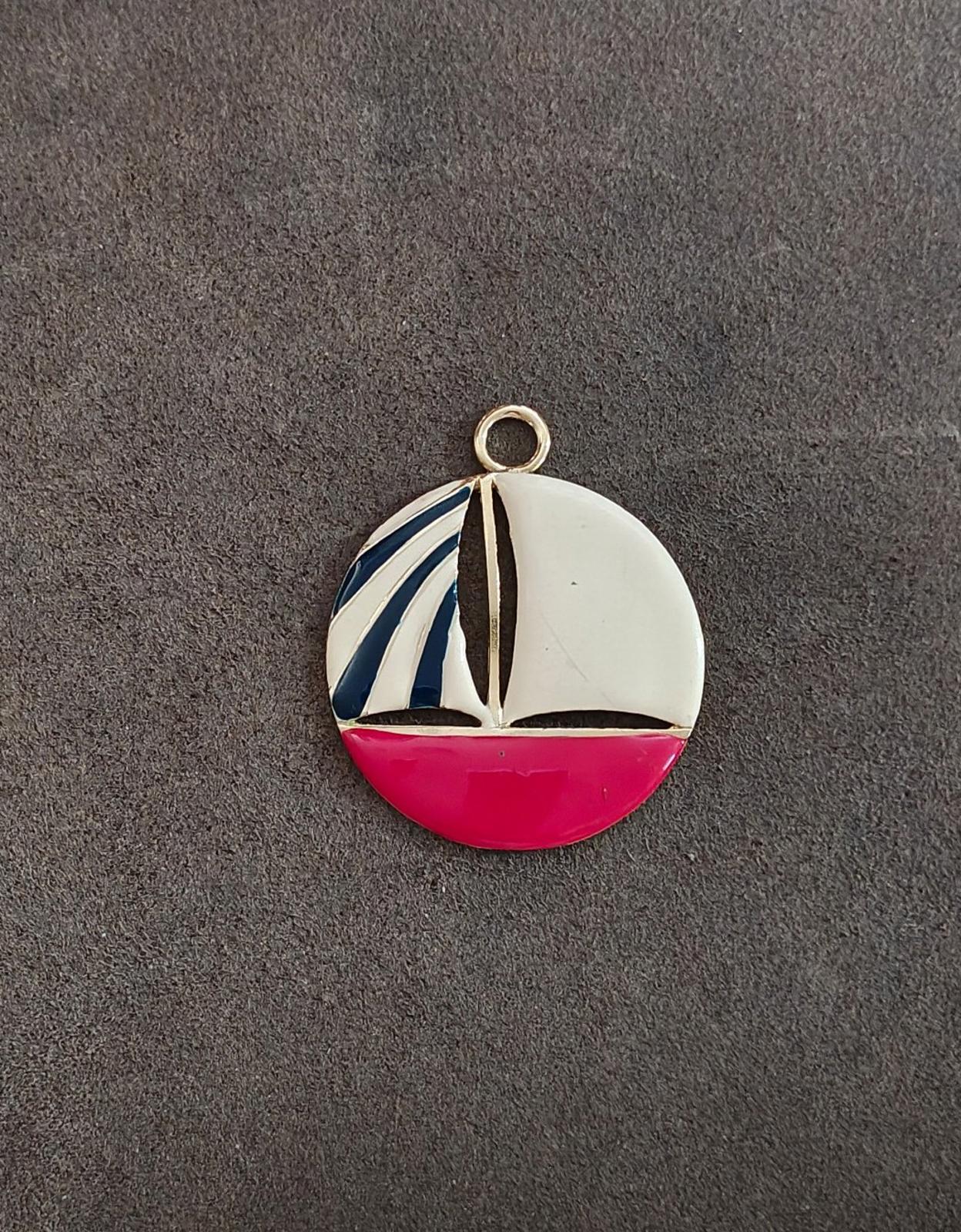 1960's Large Nautical Sailboat Gold Tone Enamel Pendant