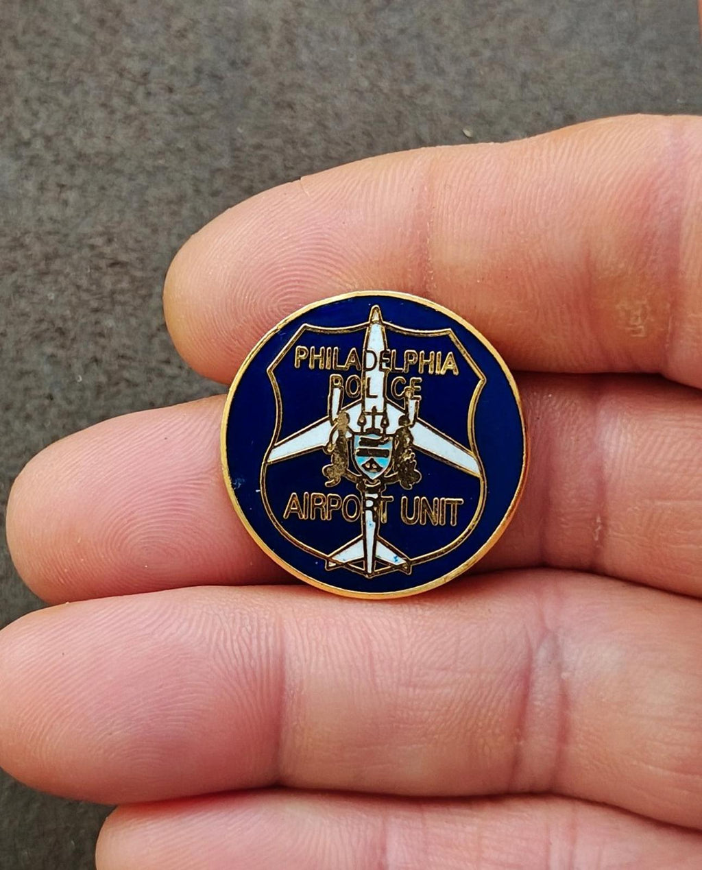 Philadelphia Police Airport Unit lapel pin, blue enamel with gold border and airplane emblem