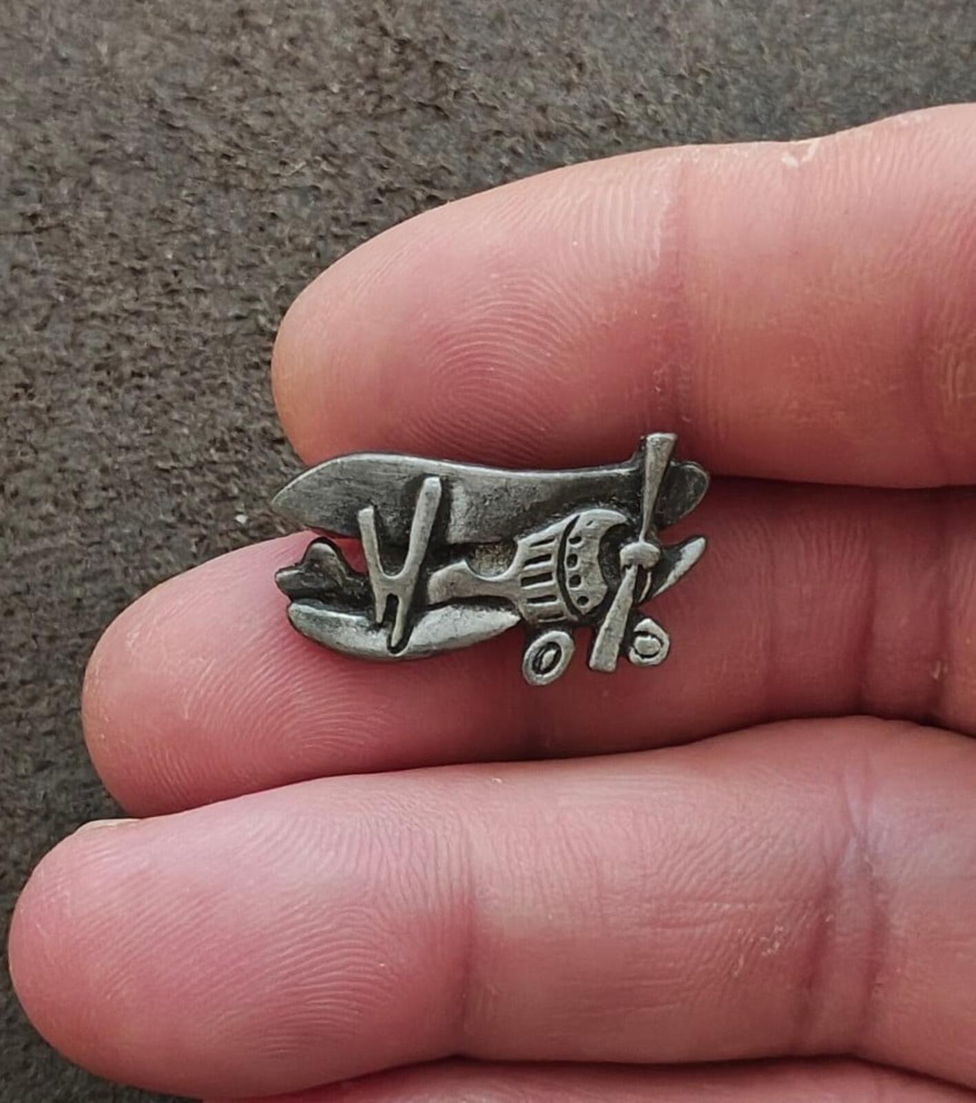1970s Signed AJR Company Pewter Biplane Airplane Brooch Pin