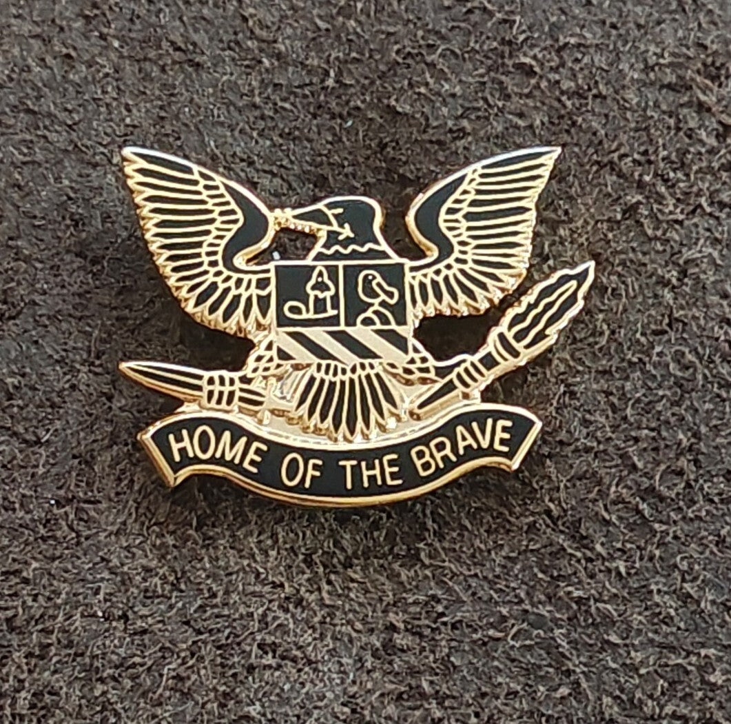 80s Patriotic Bald Eagle Heraldic Shield Home of the Brave Gold Tone Enamel Pin