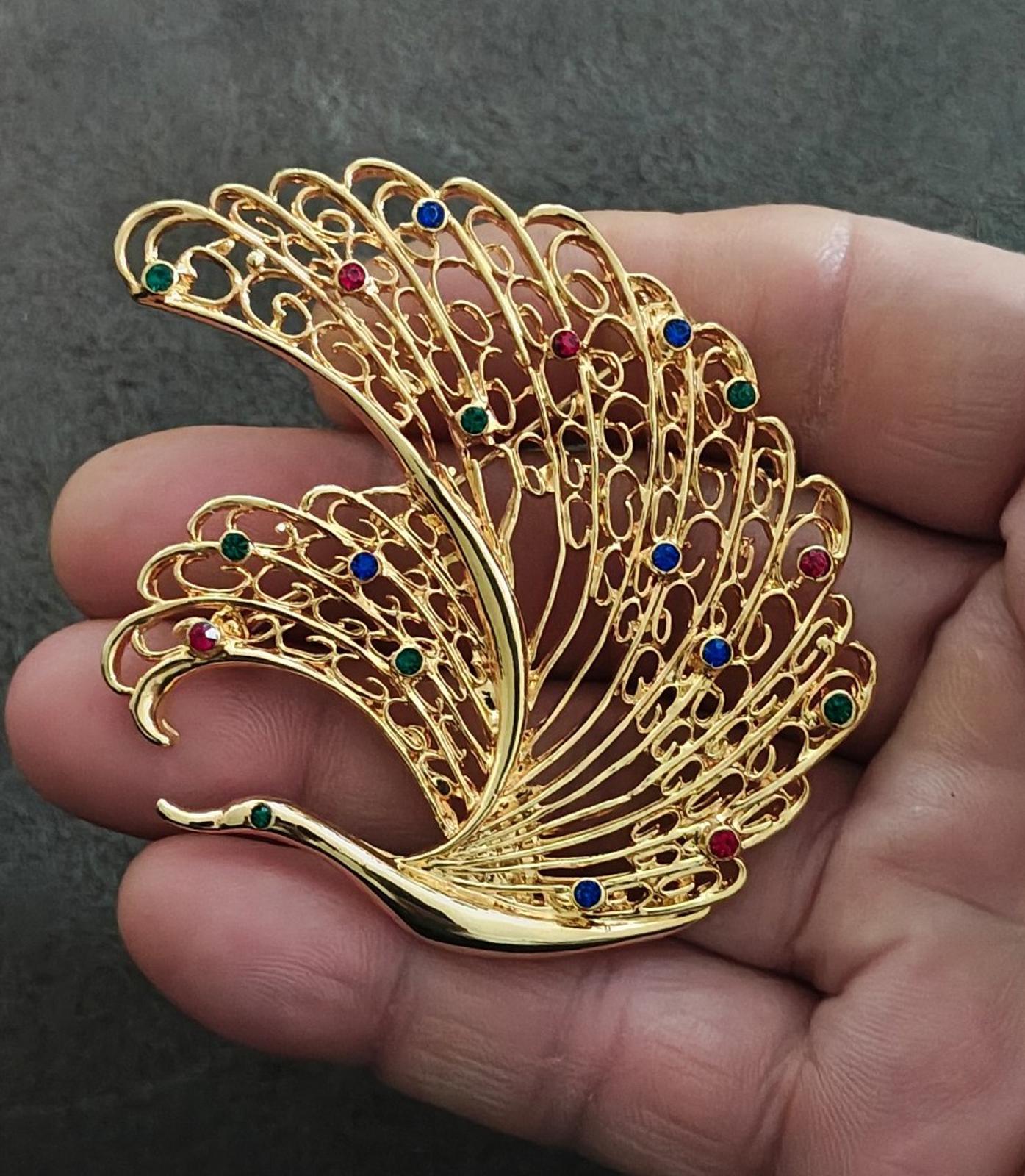 1990's Vintage Large Peacock/Swan Gold Tone Red Blue Green Crystals Brooch Pin
