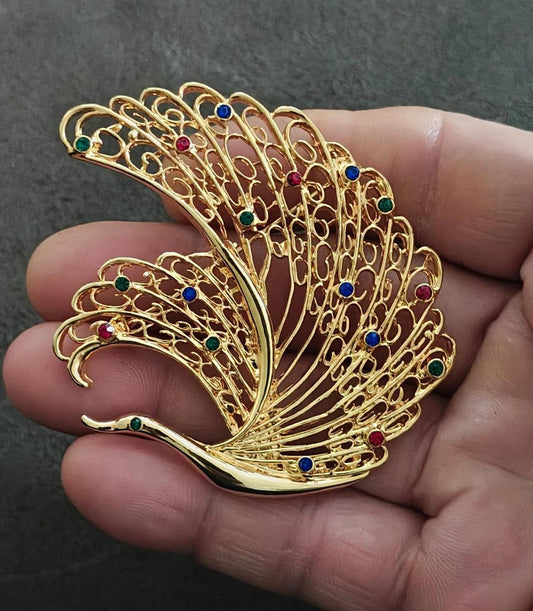 1990's Vintage Large Peacock/Swan Gold Tone Red Blue Green Crystals Brooch Pin